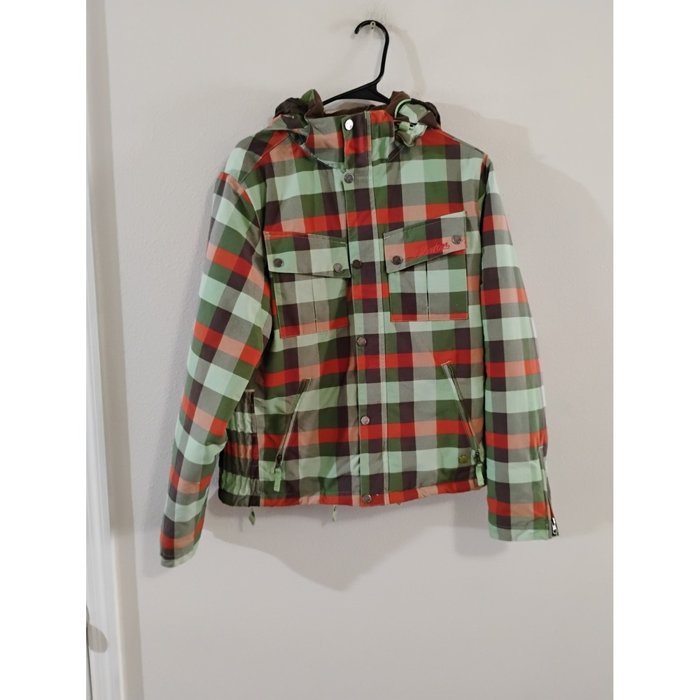 Burton Plaid Snowboard Jacket Mens Large Green Orange Hooded Winter Coat